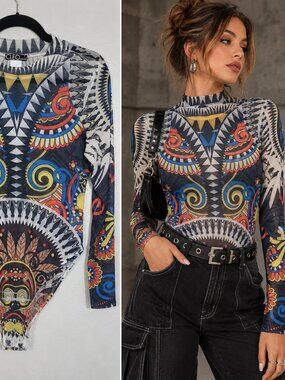 Cleo Mesh Mock Neck Bodysuit Size 1X Y2K Cyber Goth Psychedelic Abstract Print
